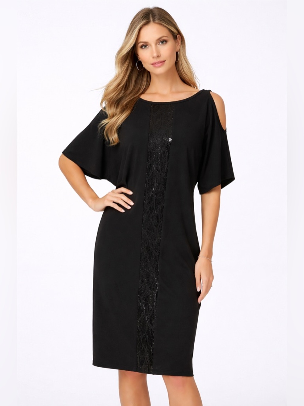 Lundstrom Midi‎ Dress Sequins Cold Shoulder Black Keyhole Size Medium Party